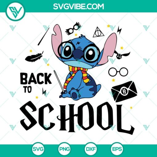 Stitch Harry Potter Back To School SVG File featuring Hogwarts themed images, perfect for crafting projects.