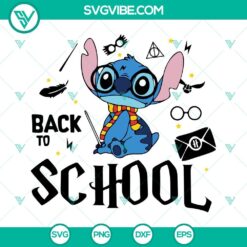 Stitch Harry Potter Back To School SVG featuring Hogwarts crest and characters, ideal for crafts and DIY projects.