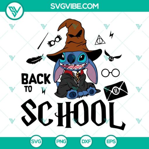 Harry Potter themed SVG files for back to school featuring Stitch character and Sorting Hat design, ideal for fans of the franchise.