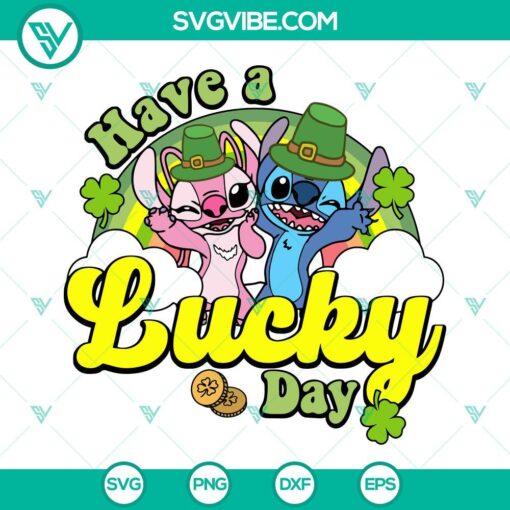 Stitch lucky angel St. Patrick's Day SVG file with text "Have A Lucky Day" on transparent background, suitable for crafting and digital projects.