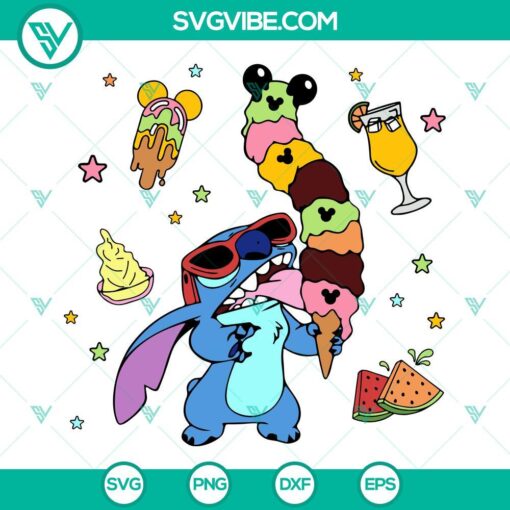 Disney family trip themed digital SVG images featuring Stitch ice cream and summer elements. Perfect for SVG files download.