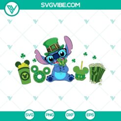 Stitch Leprechaun SVG with Lucky Vibes, Green Clover design, Disney-themed. Ideal for St. Patrick's Day crafts.
