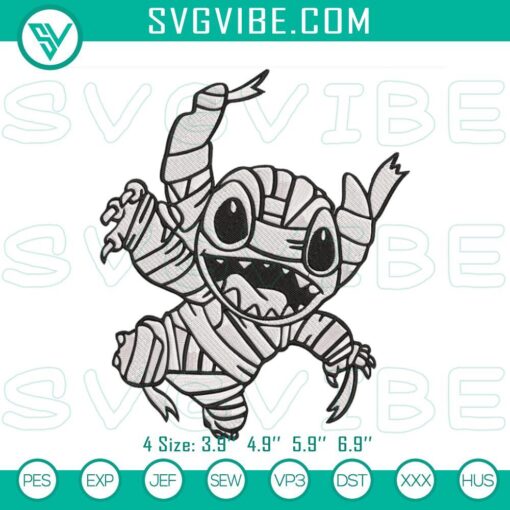 Disney Stitch spooky Halloween embroidery designs featuring a mummy theme. Perfect for Halloween crafts.