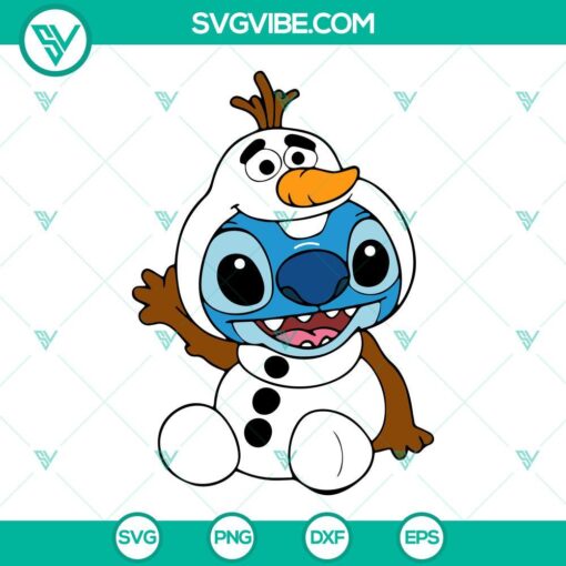 Stitch Olaf Disney SVG featuring Frozen character in PNG, DXF, EPS formats for download. Ideal for crafts and projects.