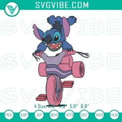Stitch riding a bike cartoon embroidery design, playful machine file for crafts.