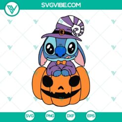 Stitch Witch Pumpkin Happy Halloween SVG design with PNG, DXF, and EPS files for crafting projects.
