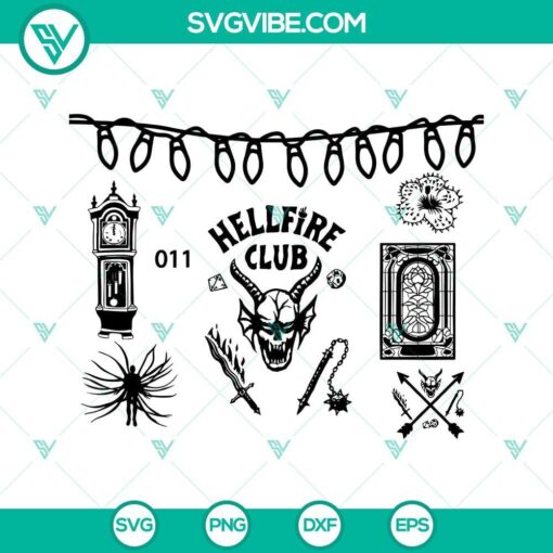 Stranger Things 4 SVG Bundle with Hellfire Club and Vecna designs for download in PNG format. Ideal for digital crafting projects.