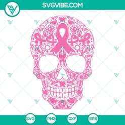 Sugar skull pink ribbon SVG design for breast cancer awareness, perfect for crafts and projects.