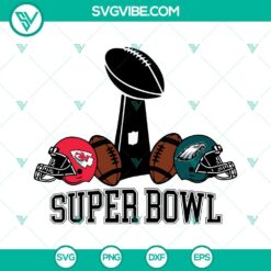 Super Bowl 57 SVG images featuring Super Bowl trophy, Chiefs and Eagles logos for download.