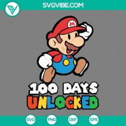 Super Mario 100th Day of School SVG files for download, featuring Mario unlocking the 100-day milestone. PNG, DXF, EPS formats available.