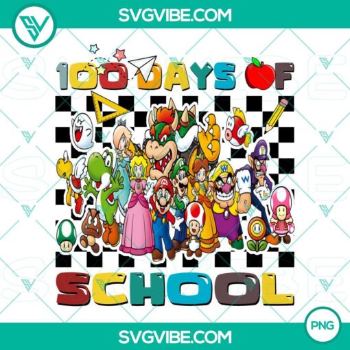Super Mario Bros themed 100 days of school PNG download design for shirts, featuring playful characters and fun typography.