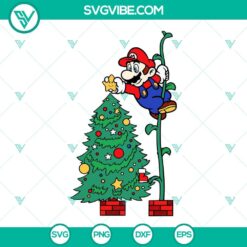 Super Mario-themed Christmas tree design SVG featuring Merry Christmas text, includes PNG, EPS, and DXF files for download.