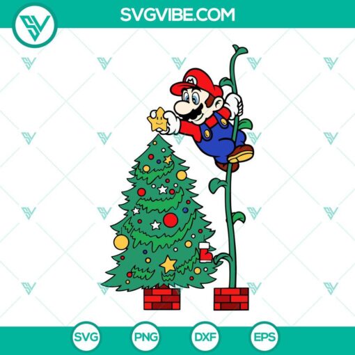 Super Mario-themed Christmas tree design SVG featuring Merry Christmas text, includes PNG, EPS, and DXF files for download.