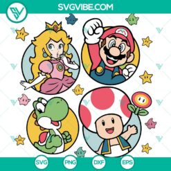 Super Mario characters Cricut SVG bundle featuring Princess Peach, Toad, and Yoshi SVG files for crafting projects.