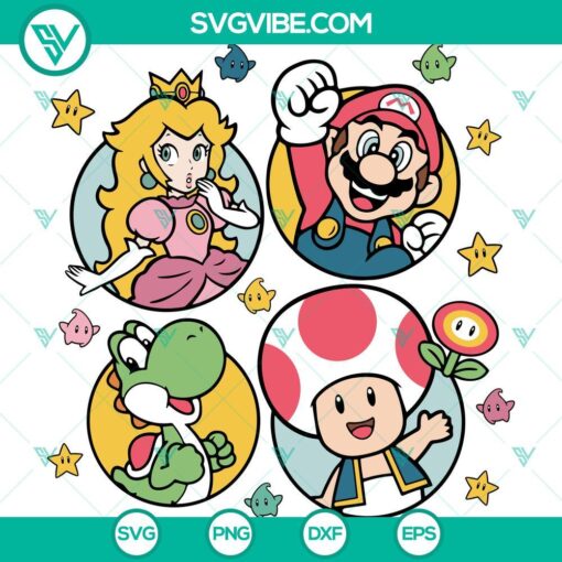 Super Mario characters Cricut SVG bundle featuring Princess Peach, Toad, and Yoshi SVG files for crafting projects.