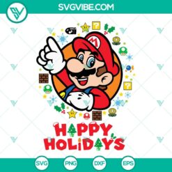 Super Mario themed happy holidays and Christmas SVG images in EPS, PNG, and DXF file formats. Festive design for holiday crafts.