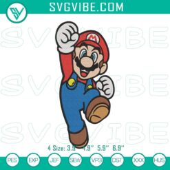 Super Mario jumping embroidery designs featuring classic Mario character. Ideal for craft projects and video game fans.