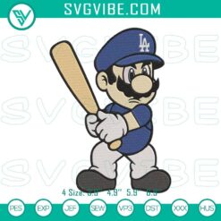 Super Mario Los Angeles Dodgers embroidery design featuring Mario in a Dodgers baseball theme. Download this unique embroidery file.