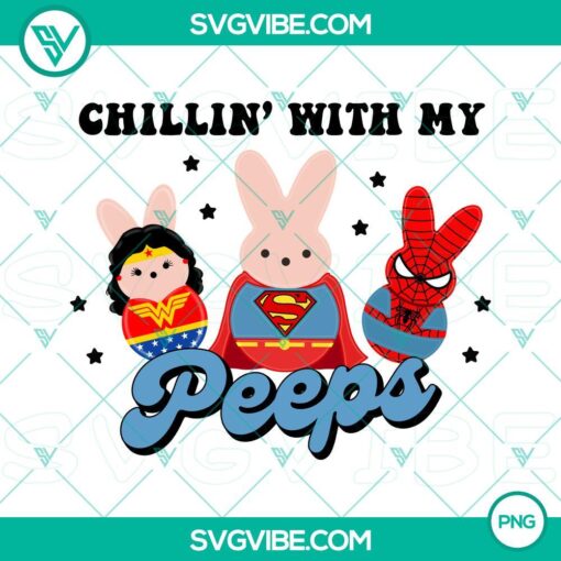 Bunny superheroes in superhero costumes chilling with peeps, Happy Easter day PNG images.