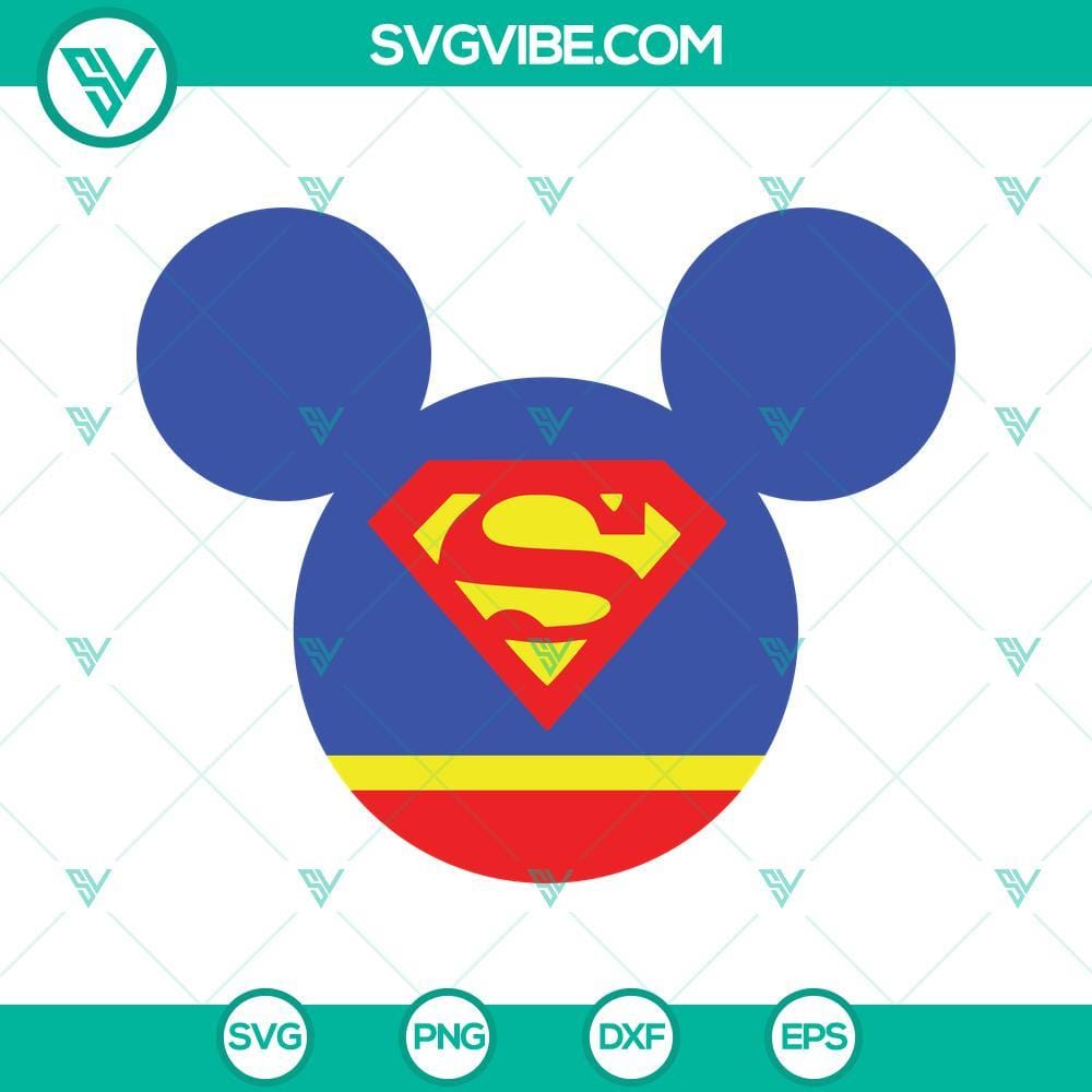 Superman Mouse Ears SVG PNG DXF EPS Cut Files Superman-themed mouse ears SVG images in PNG, DXF, and EPS formats for cutting. Perfect for craft projects.