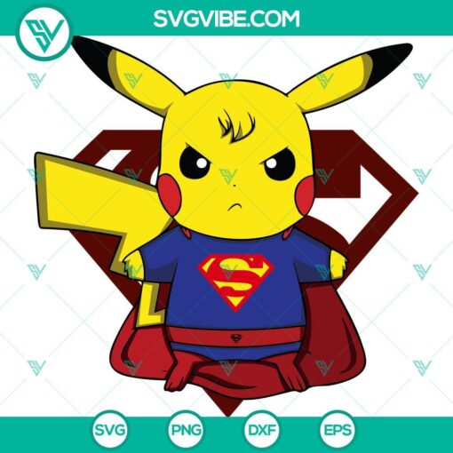 Superman Pikachu Pokémon SVG ideal for Cricut, includes PNG, DXF, and EPS formats for crafting projects.