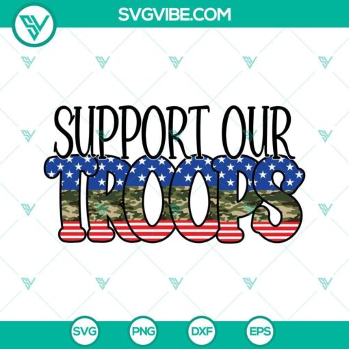 Support Our Troops military SVG design with USA flag background, perfect for patriotic projects.