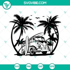 Vintage surfing van clipart with palm beach cut design for summer, SVG image.