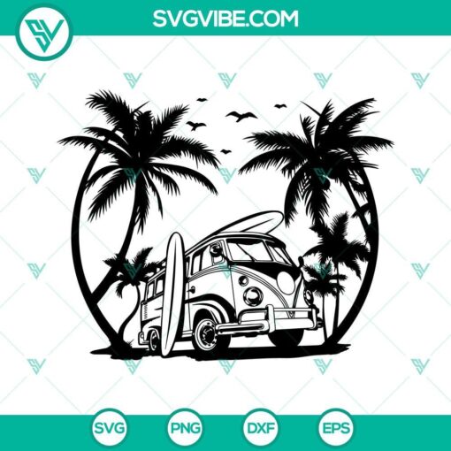 Vintage surfing van clipart with palm beach cut design for summer, SVG image.