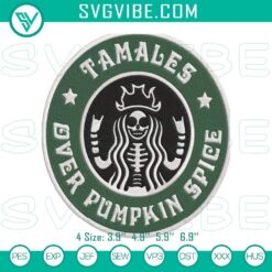 Mexican food-themed embroidery designs with tamales and pumpkin spice, humorous pattern for crafts.
