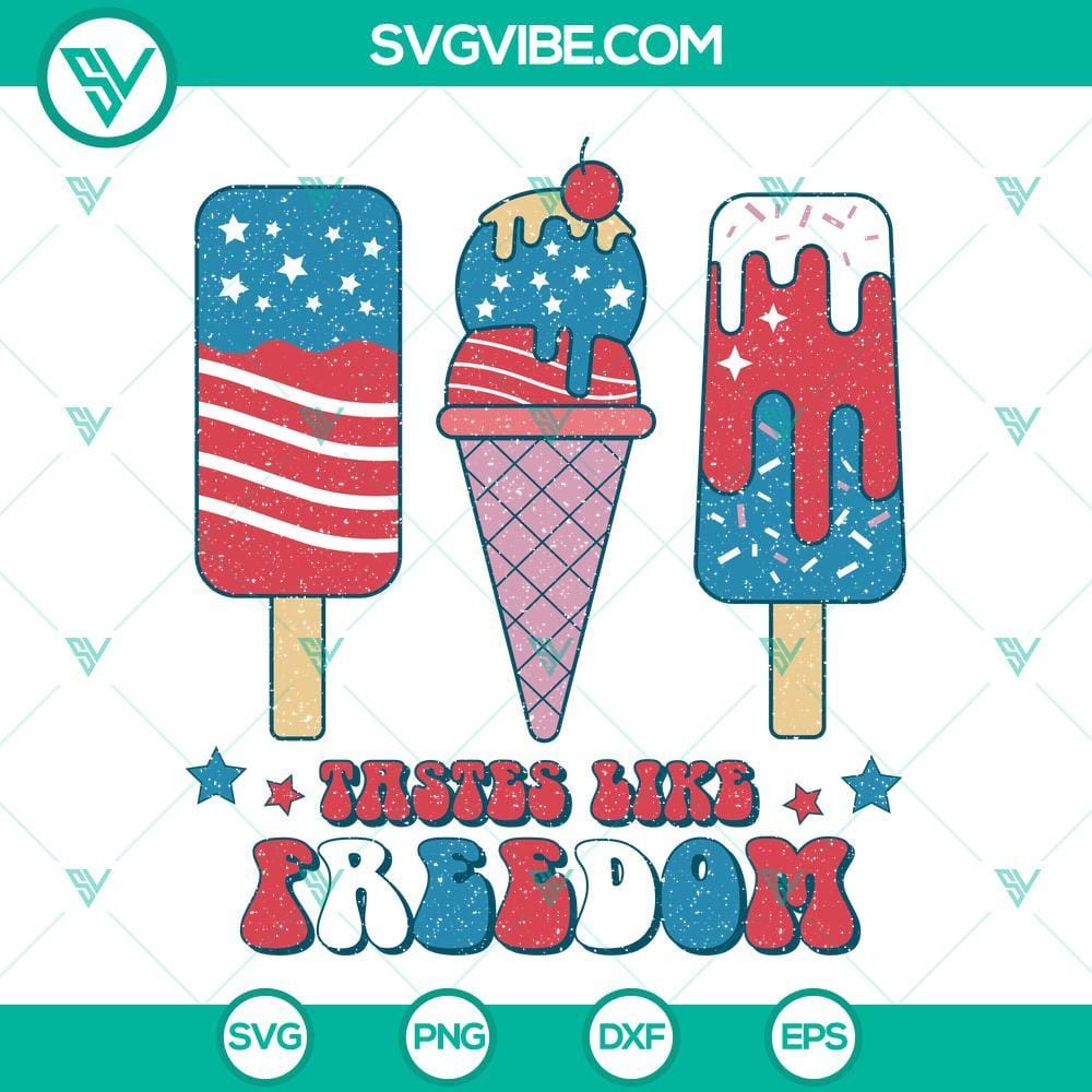 tastes-like-freedom-distressed-svg-american-flag-ice-cream-svg-happy-4th-of-july-svg-png-dxf-eps-10-mockup.jpg Distressed American flag ice cream SVG file with "Tastes Like Freedom" text, patriotic design for digital projects.