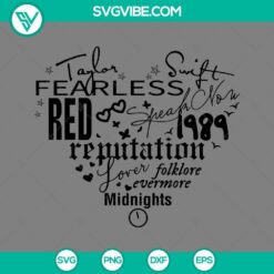 Taylor Swift themed heart-shaped SVG images with album titles like "Red", "1989", and "Fearless" for download. Great for Taylor Swift fans.