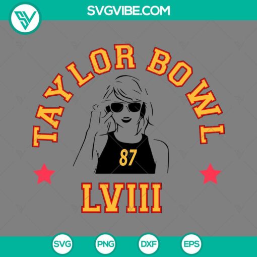 Taylor Bowl LVIII and Taylor Swift 87 KC 2024 SVG images in PNG, EPS, and DXF formats for digital download.