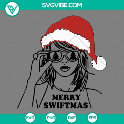 Taylor Swift Christmas SVG file featuring a festive Santa hat, perfect for holiday crafts. EPS, PNG, DXF formats available for download.