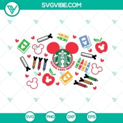 Teacher Starbucks Cup Full Wrap SVG Files featuring Teach Love Inspire design with mouse ears. Ideal for customizing teacher gifts.