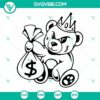 Teddy bear king money bag, hipster bear SVG download, cute bear with a crown, sunglasses, and money bag design. Perfect for craft projects.