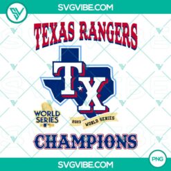 Texas Rangers ALCS 2023 First World Series Champions PNG designs with flag and baseball elements.
