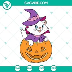 Marie Cat Halloween SVG featuring The Aristocats, pumpkin design, PNG, DXF, and EPS cut files for DIY crafts and projects.