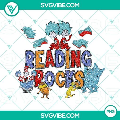 Pair of Thing 1 Thing 2 Reading Rocks PNG images for Read Across America Day, featuring Dr. Seuss characters. Ideal for digital projects.
