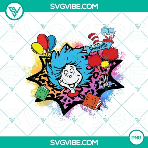 Dr Seuss Thing 1 & 2 balloons and Little Miss Thing colorful PNG images, ideal for digital projects.