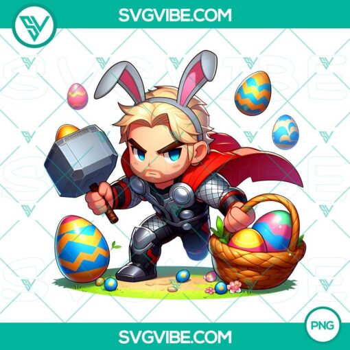 Thor Easter Bunny with Easter Eggs PNG files, cute and whimsical design for download.