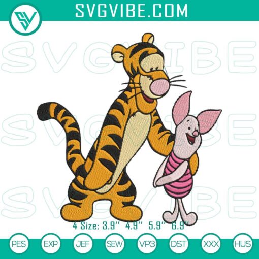 Tigger and Piglet embroidery design featuring Disney Pooh friends, ideal for machine stitching projects.