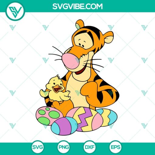 Tigger & Chicken Easter SVG images featuring Disney Pooh with Easter eggs, perfect for crafting projects.