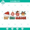 Christmas SVG design with Santa hat, hot cocoa and "Tis The Season" text, perfect for holiday crafting projects.