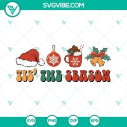 Christmas SVG design with Santa hat, hot cocoa and "Tis The Season" text, perfect for holiday crafting projects.