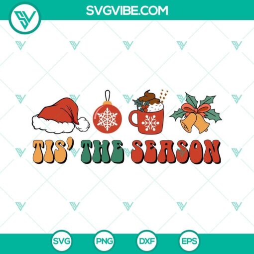 Christmas SVG design with Santa hat, hot cocoa and "Tis The Season" text, perfect for holiday crafting projects.