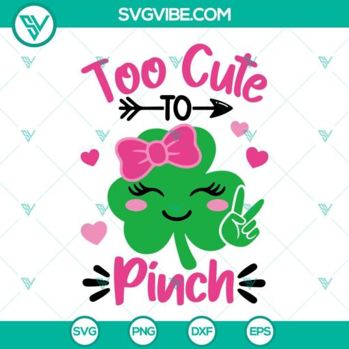 St. Patrick's Day SVG design with Shamrock Sunglasses, Too Cute To Pinch SVG File, Irish SVG Download - festive and fun green design for crafts.