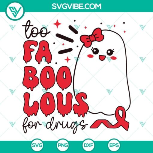 Humorous red ribbon with text "Too Fa Boo Lous for Drugs" SVG image for Red Ribbon Week Halloween campaign, suitable for promoting drug-free lifestyle.