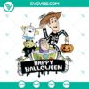 Toy Story Halloween themed SVG cut files for Cricut, featuring characters in festive costumes. Great for crafts.