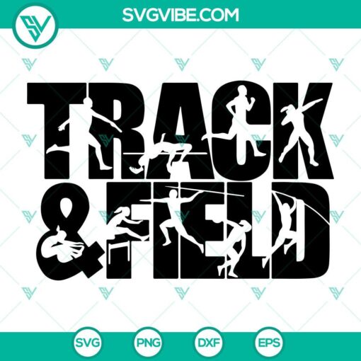 Track and field sports design bundle with SVG, Cricut, PNG, DXF, and EPS files for digital crafting.