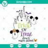 Halloween themed SVG of Mickey and Minnie Mouse ghosts trick or treating. Fun design for digital projects.